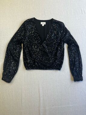 Open Edit Black Sequin Crop Top XS Long Sleeve V Neck Party Blouse